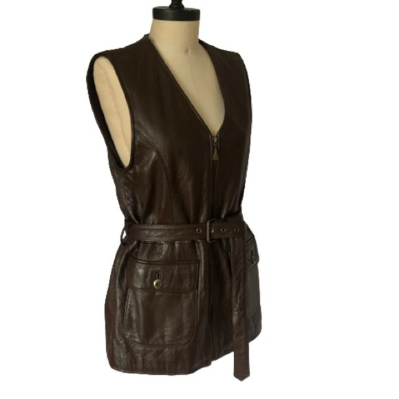 Brown Leather Vest Belted Riding Longline Safari Sleeveless Otello Pelle Small - Picture 5 of 16
